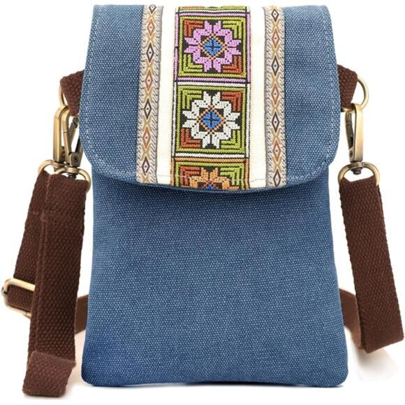 Vintage Embroidered Canvas Flip Small Crossbody Bag Navy Blue - Picture 1 of 6
